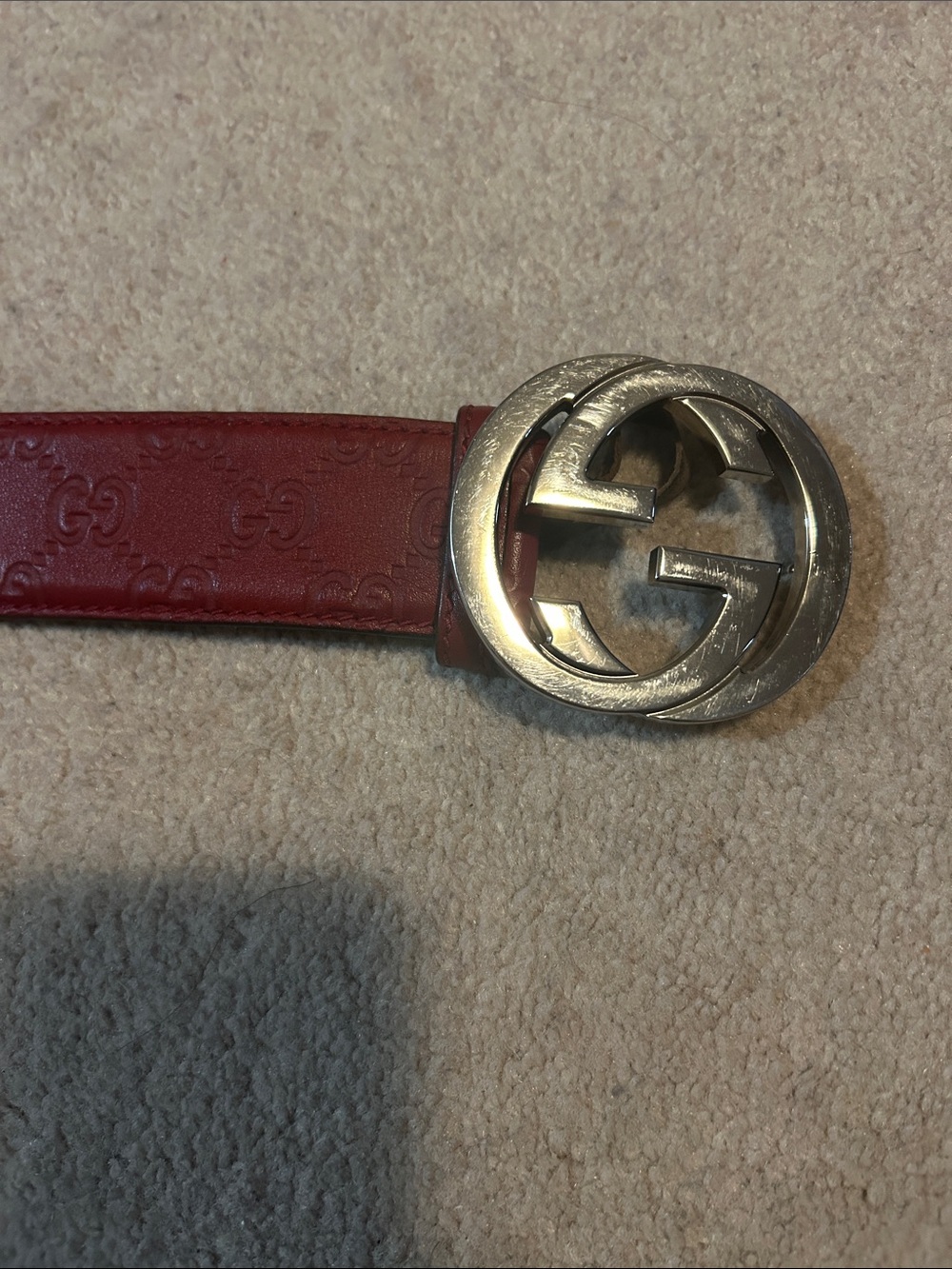 Gucci Red Leather GG Embossed Belt with Silver-Tone Double G Buckle